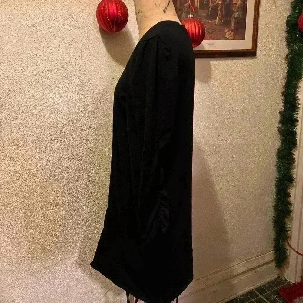 Cable & Gauge Black Knit Round Neck Ruched 3/4 Sleeves Mini Dress Size L - Picture 3 of 11